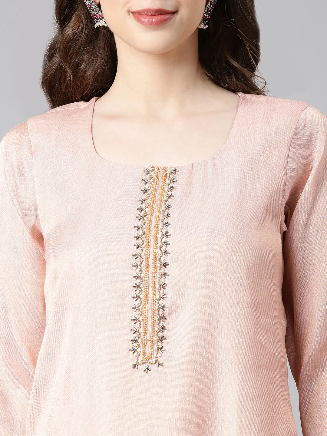 Neerus Peach Printed Straight Kurta and Trousers With Dupatta - Image 4