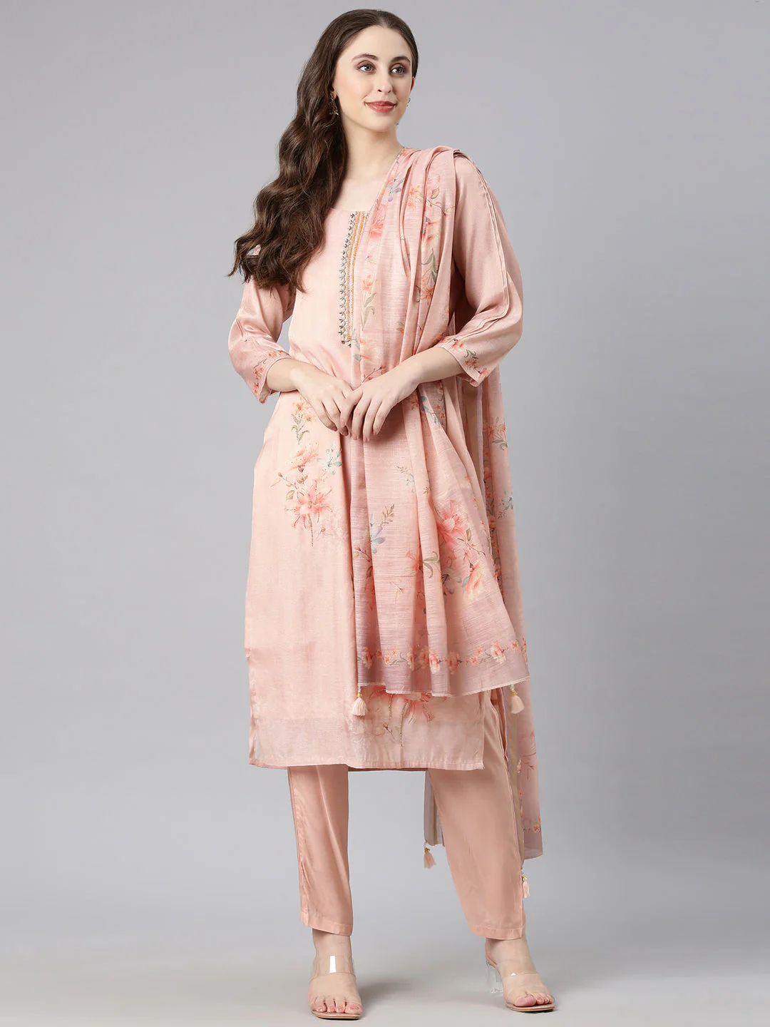 Neerus Peach Printed Straight Kurta and Trousers With Dupatta - Image 5