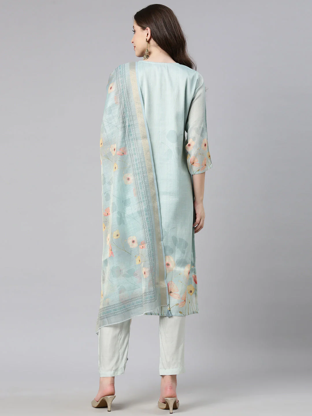 Neerus Mint Printed Straight Kurta and Trousers With Dupatta - Image 3