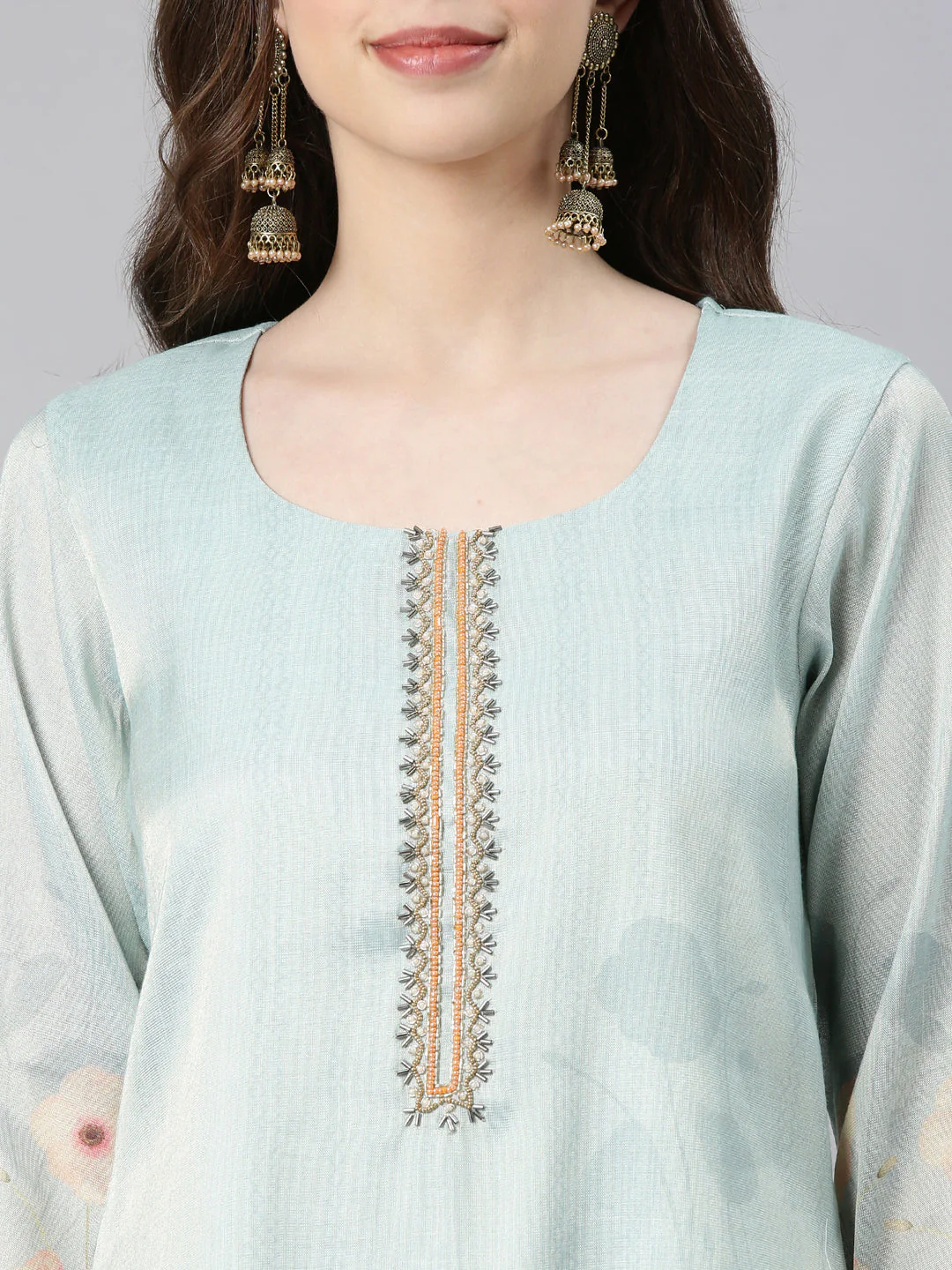 Neerus Mint Printed Straight Kurta and Trousers With Dupatta - Image 4