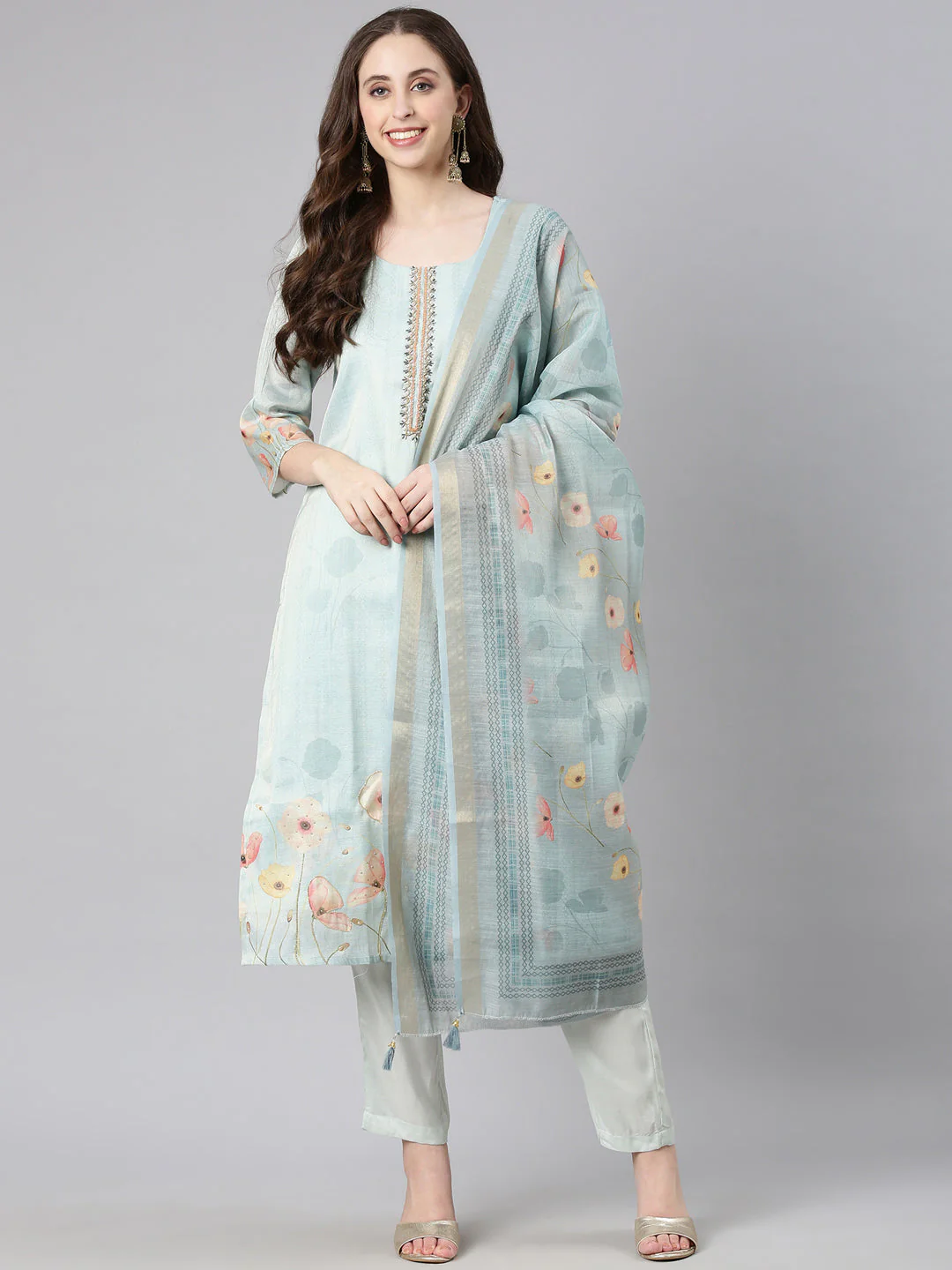 Neerus Mint Printed Straight Kurta and Trousers With Dupatta - Image 5