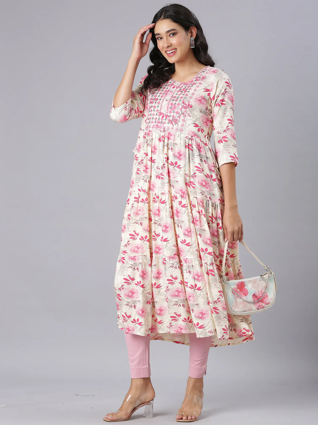 Neerus Pink Anarkali Casual Floral Kurta - Image 5