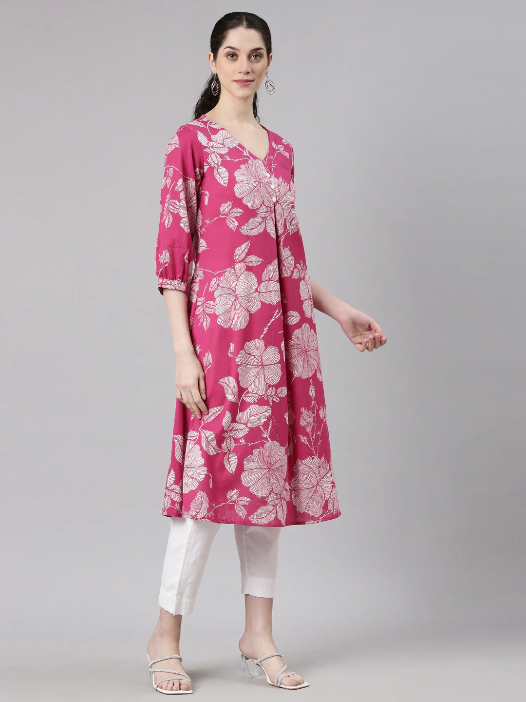 Neerus Pink Anarkali Casual Floral Kurta - Image 3