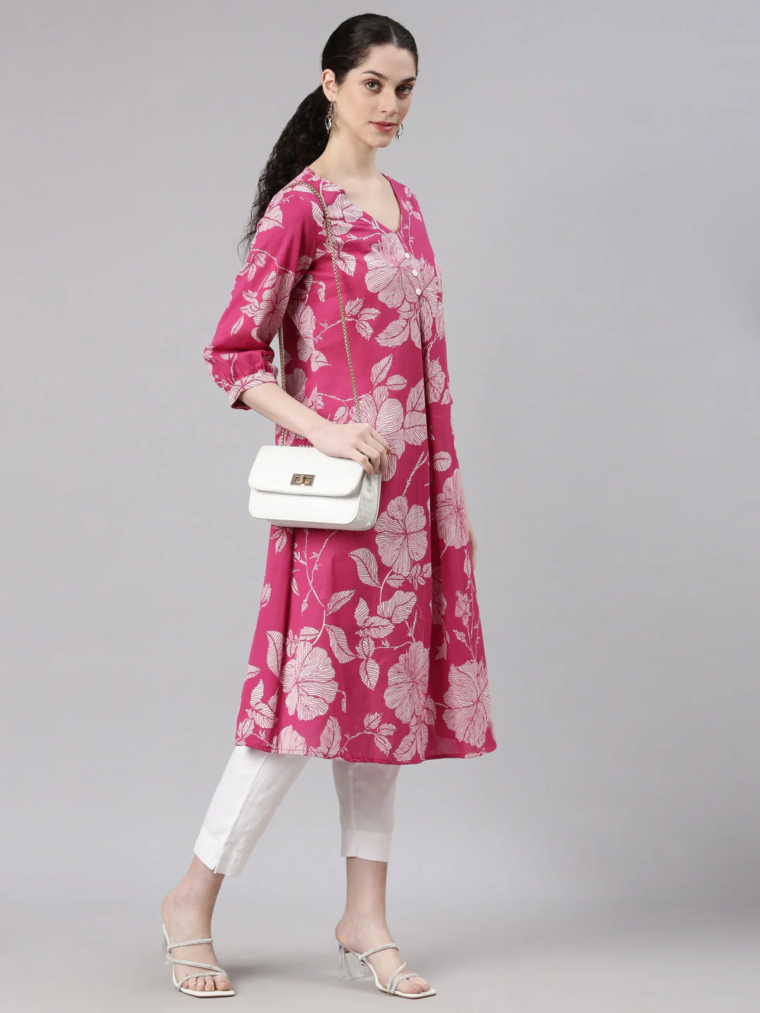 Neerus Pink Anarkali Casual Floral Kurta - Image 6