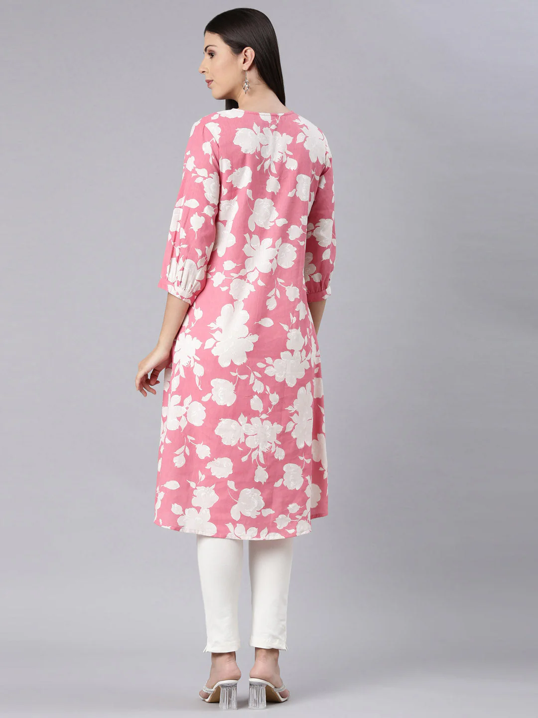 Neerus Pink Curved Casual Floral Anarkali Kurta - Image 4