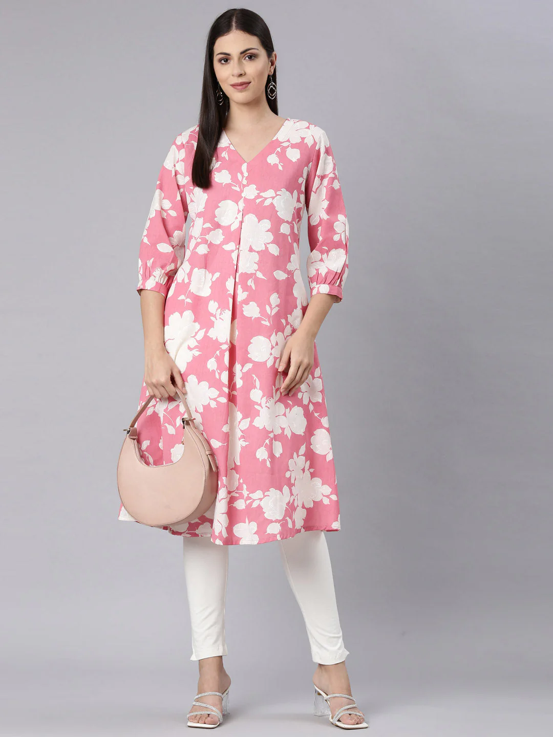 Neerus Pink Curved Casual Floral Anarkali Kurta - Image 6