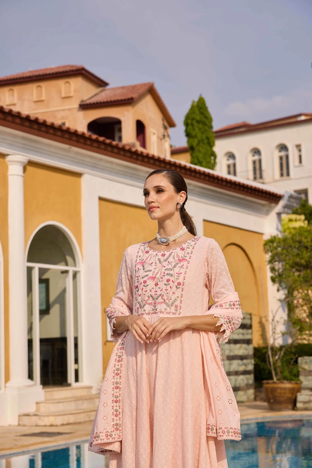 Neerus Pink Embroidered Anarkali Kurta and Trousers With Dupatta - Image 3