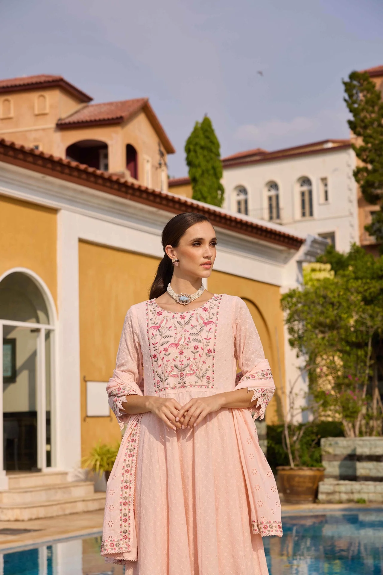 Neerus Pink Embroidered Anarkali Kurta and Trousers With Dupatta - Image 4
