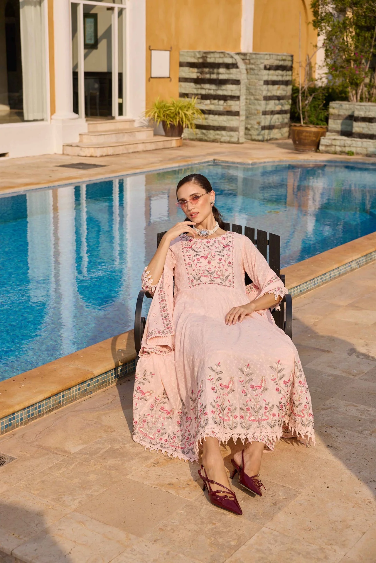 Neerus Pink Embroidered Anarkali Kurta and Trousers With Dupatta - Image 5