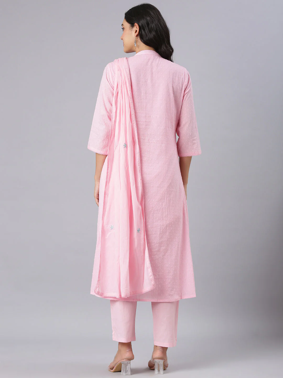 Neerus Pink Embroidered Anarkali Kurta And Trousers With Dupatta - Image 3