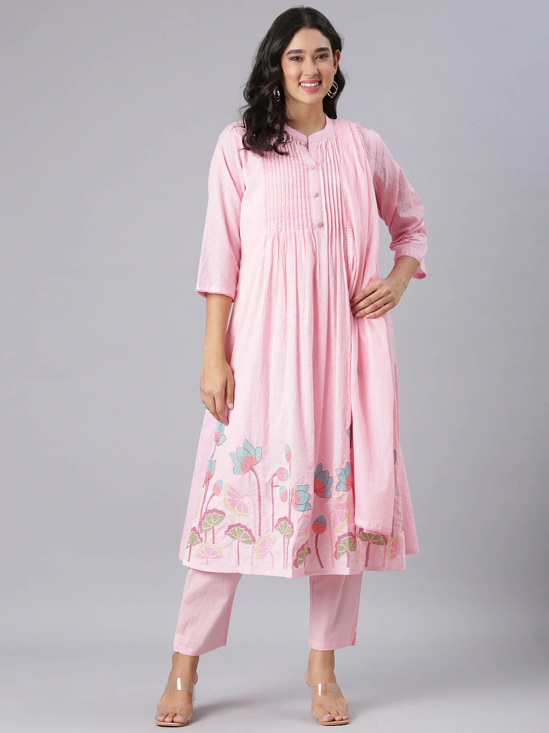 Neerus Pink Embroidered Anarkali Kurta And Trousers With Dupatta - Image 5