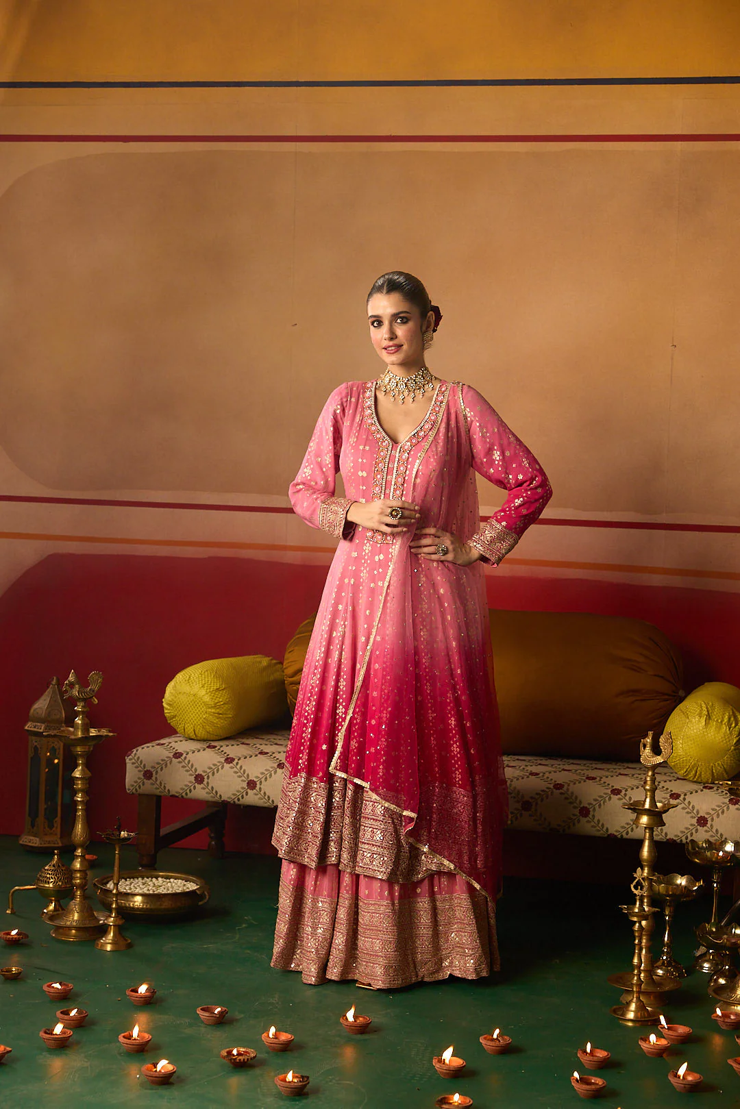 Neerus Pink Embroidery Work Chinon Fabric Anarkali and Trouser With Dupatta - Image 3