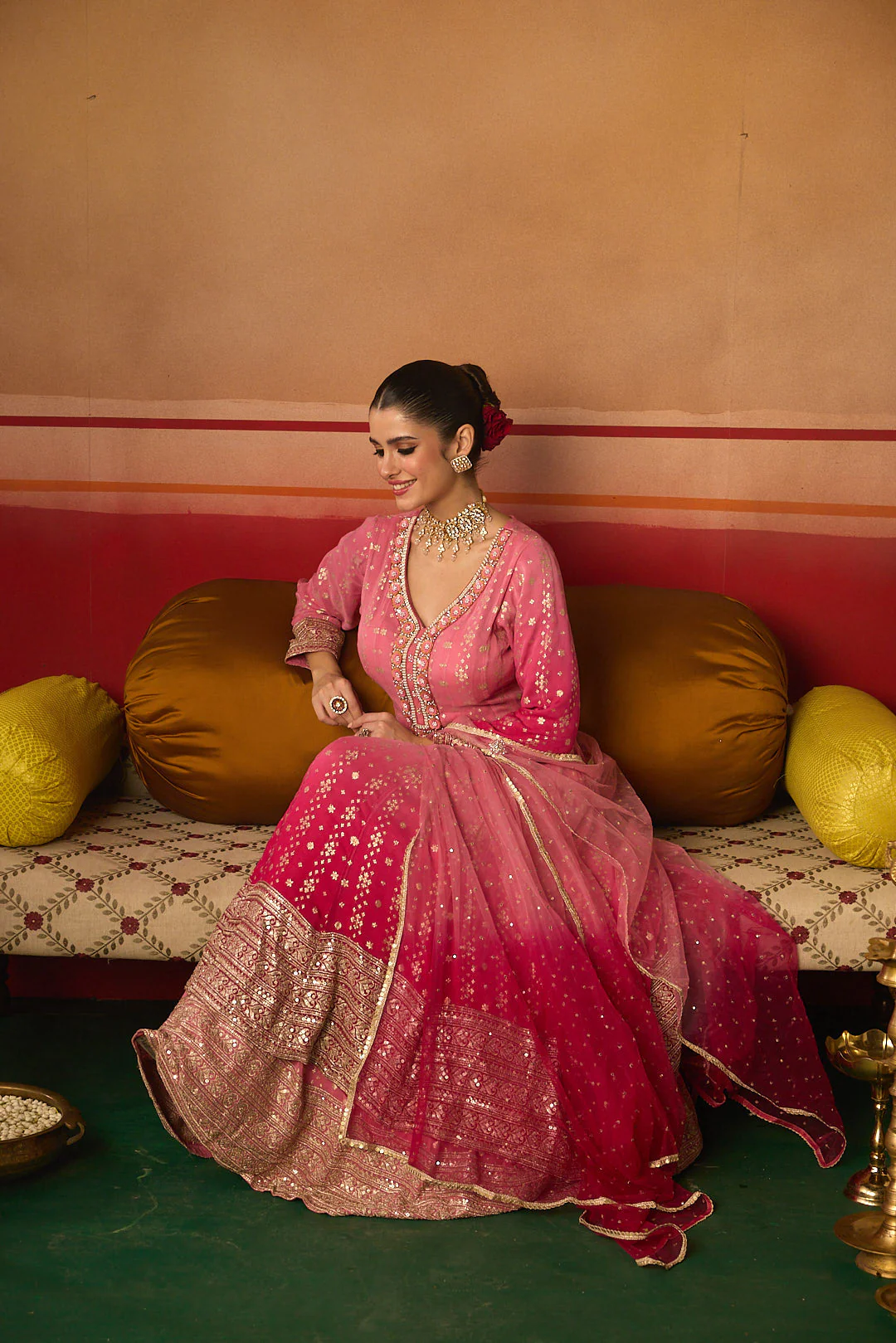 Neerus Pink Embroidery Work Chinon Fabric Anarkali and Trouser With Dupatta - Image 4