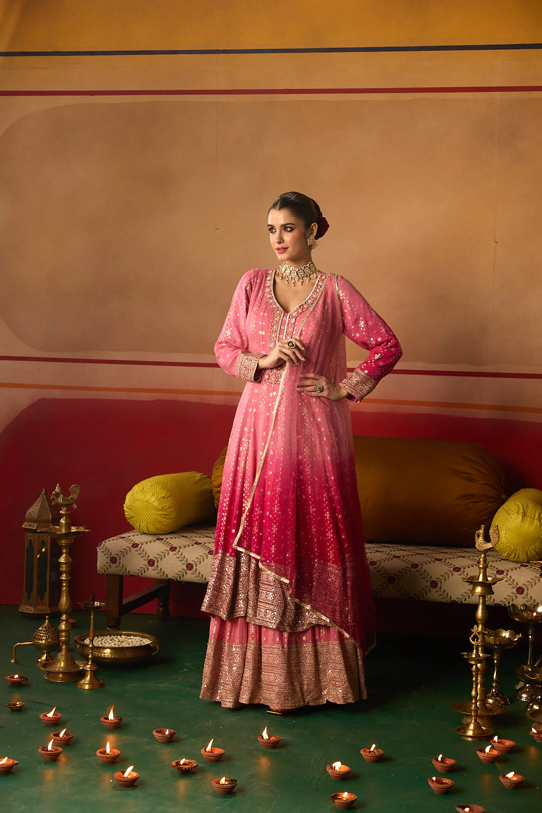Neerus Pink Embroidery Work Chinon Fabric Anarkali and Trouser With Dupatta - Image 5