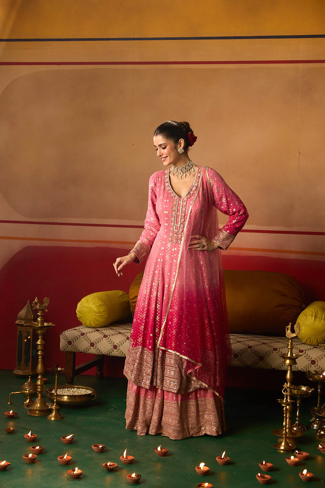 Neerus Pink Embroidery Work Chinon Fabric Anarkali and Trouser With Dupatta - Image 6