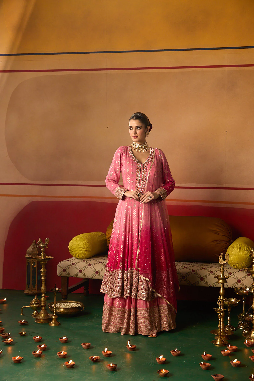 Neerus Pink Embroidery Work Chinon Fabric Anarkali and Trouser With Dupatta - Image 9
