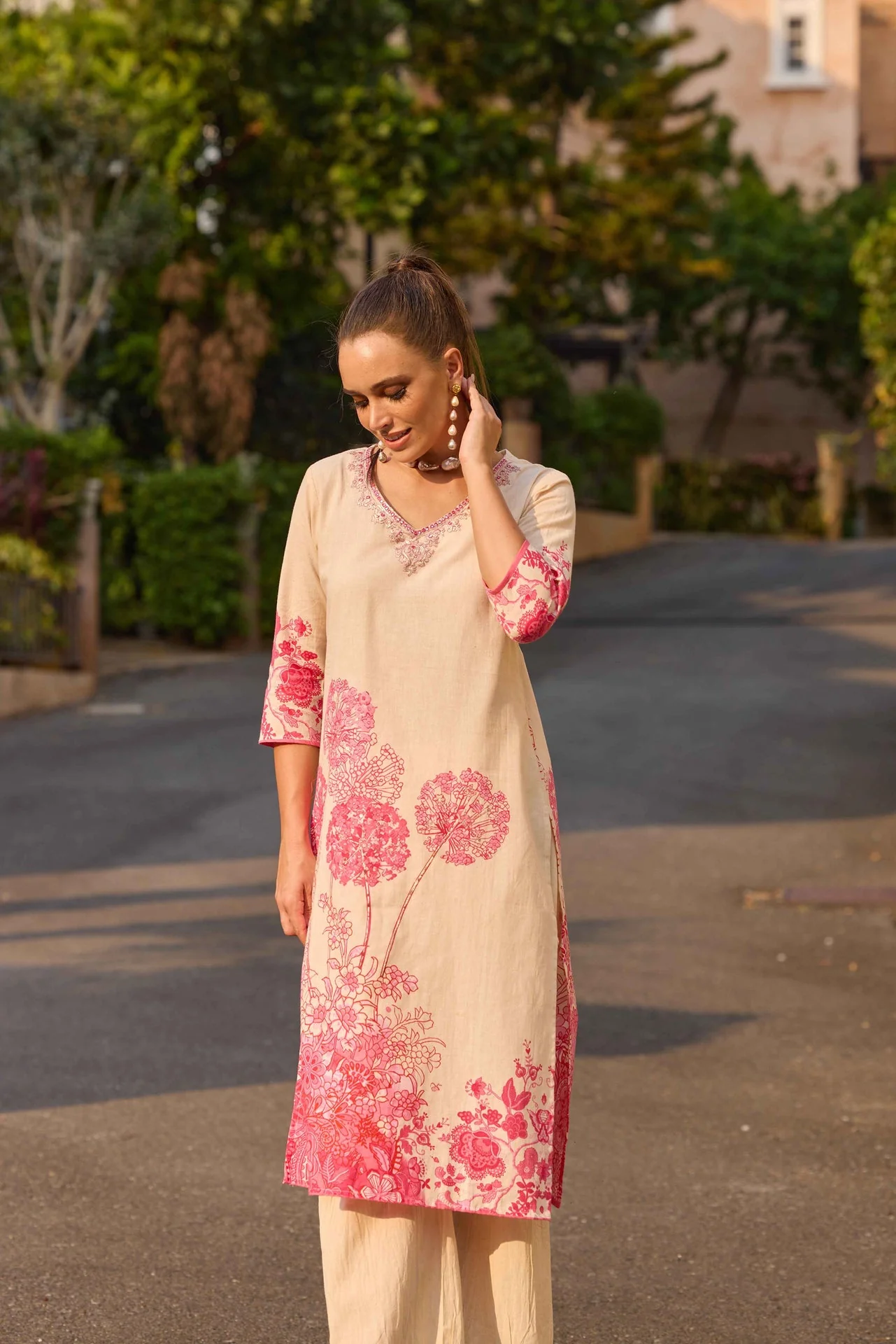 Neerus Pink Printed Straight Kurta and Palazzos - Image 3