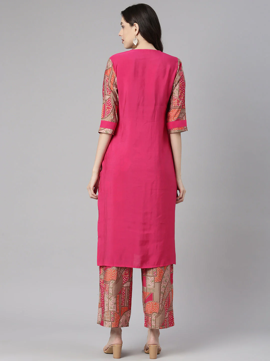 Neerus Pink Solid Straight Kurta and Palazzos - Image 3