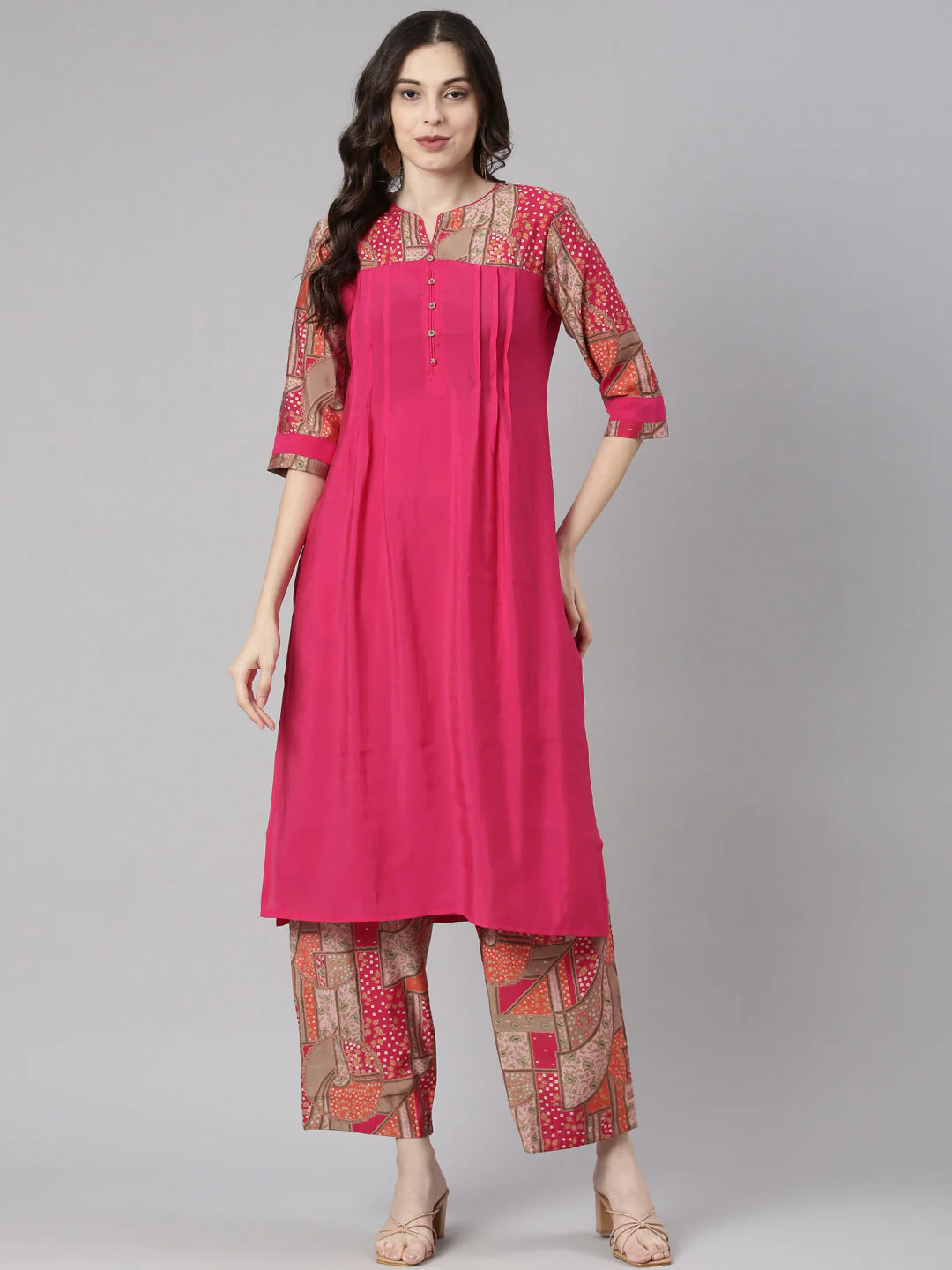 Neerus Pink Solid Straight Kurta and Palazzos - Image 5