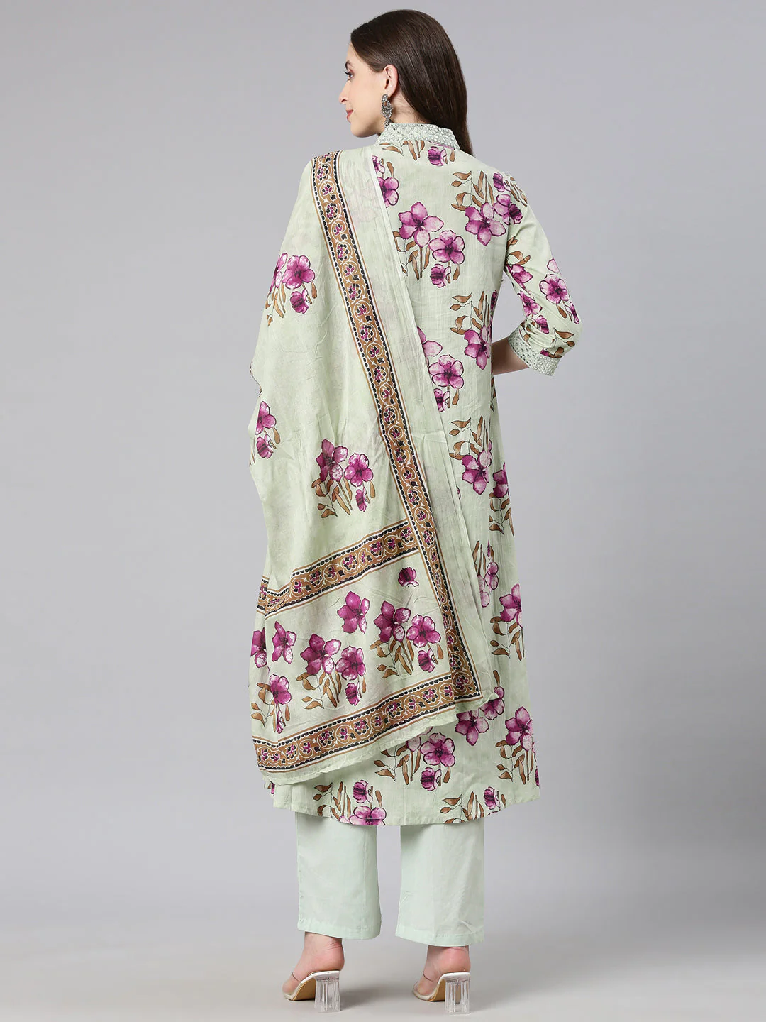 Neerus Pista Printed Anarkali Kurta and Trousers With Dupatta - Image 3