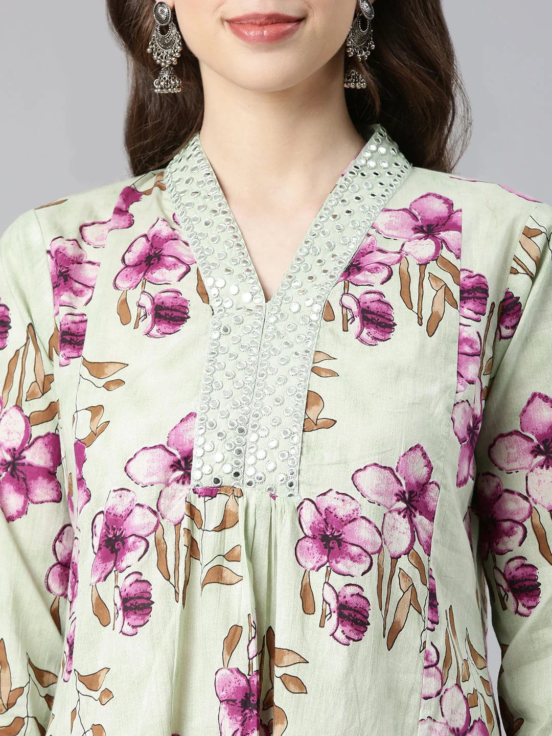 Neerus Pista Printed Anarkali Kurta and Trousers With Dupatta - Image 4