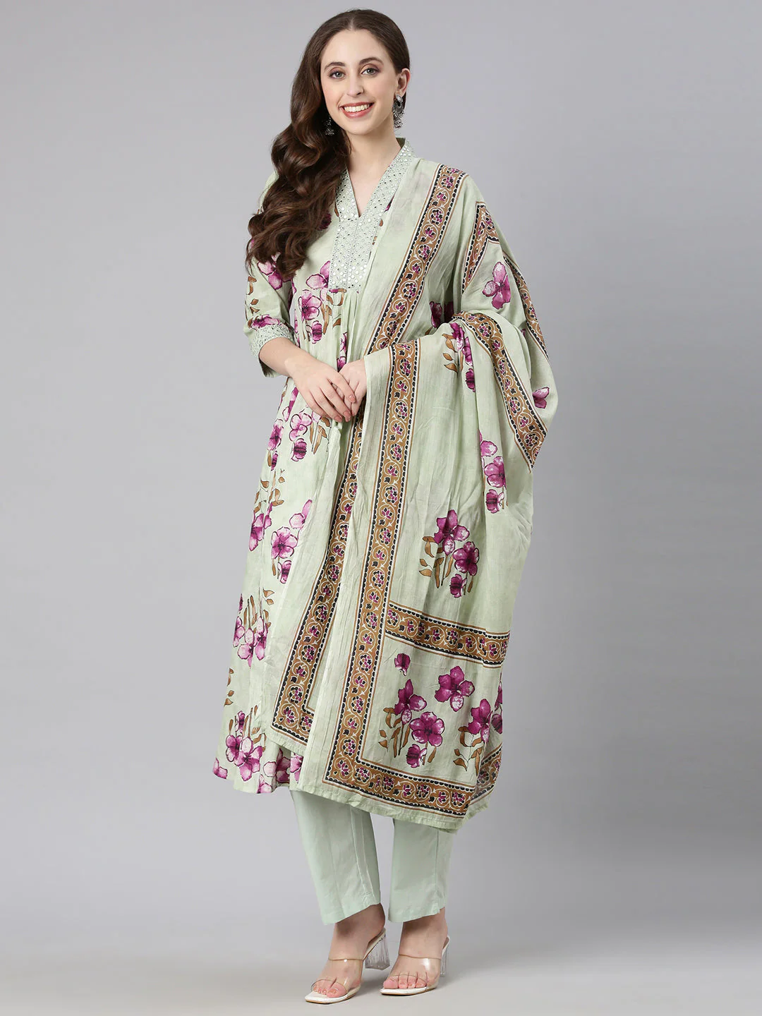Neerus Pista Printed Anarkali Kurta and Trousers With Dupatta - Image 5