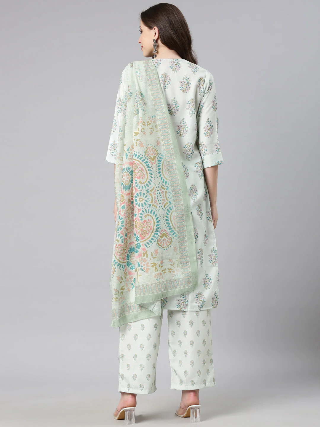 Neerus Pista Printed Straight Kurta and Trousers With Dupatta - Image 3