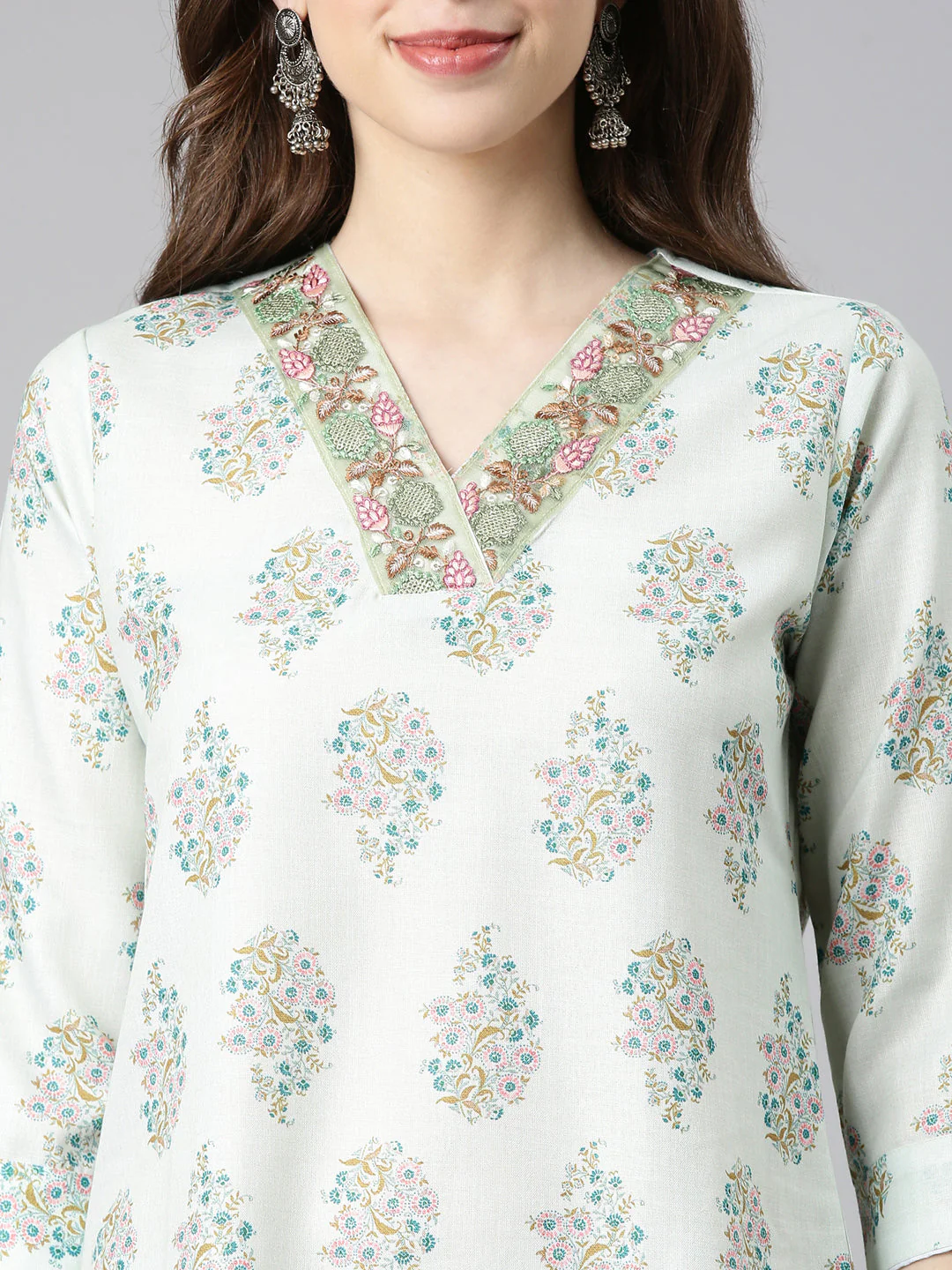 Neerus Pista Printed Straight Kurta and Trousers With Dupatta - Image 4