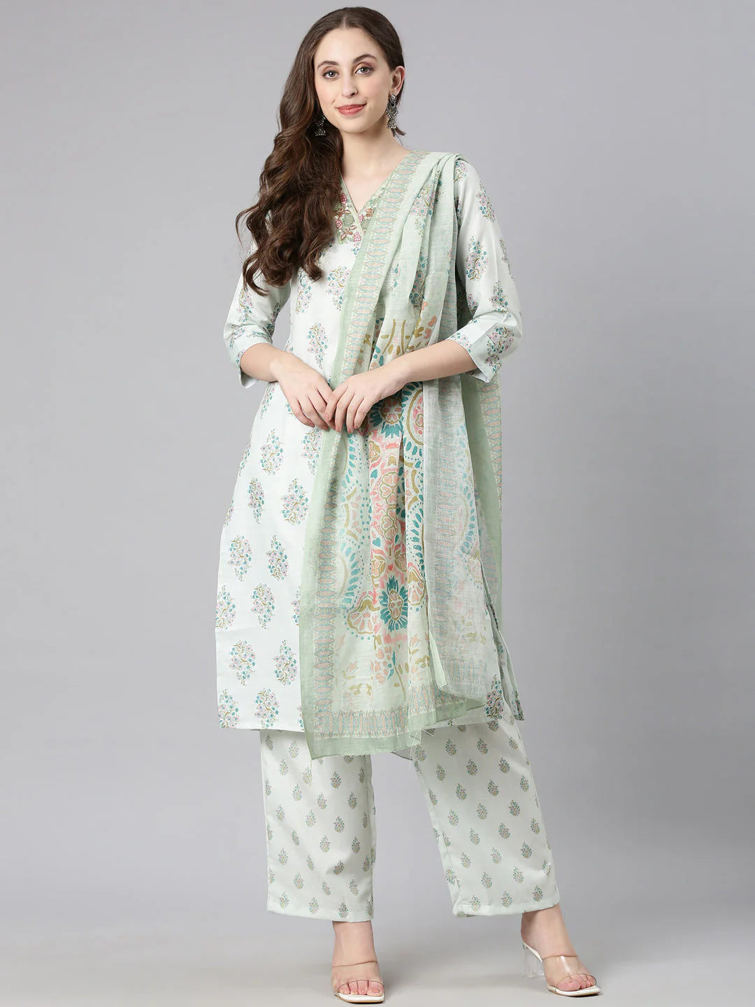 Neerus Pista Printed Straight Kurta and Trousers With Dupatta - Image 5