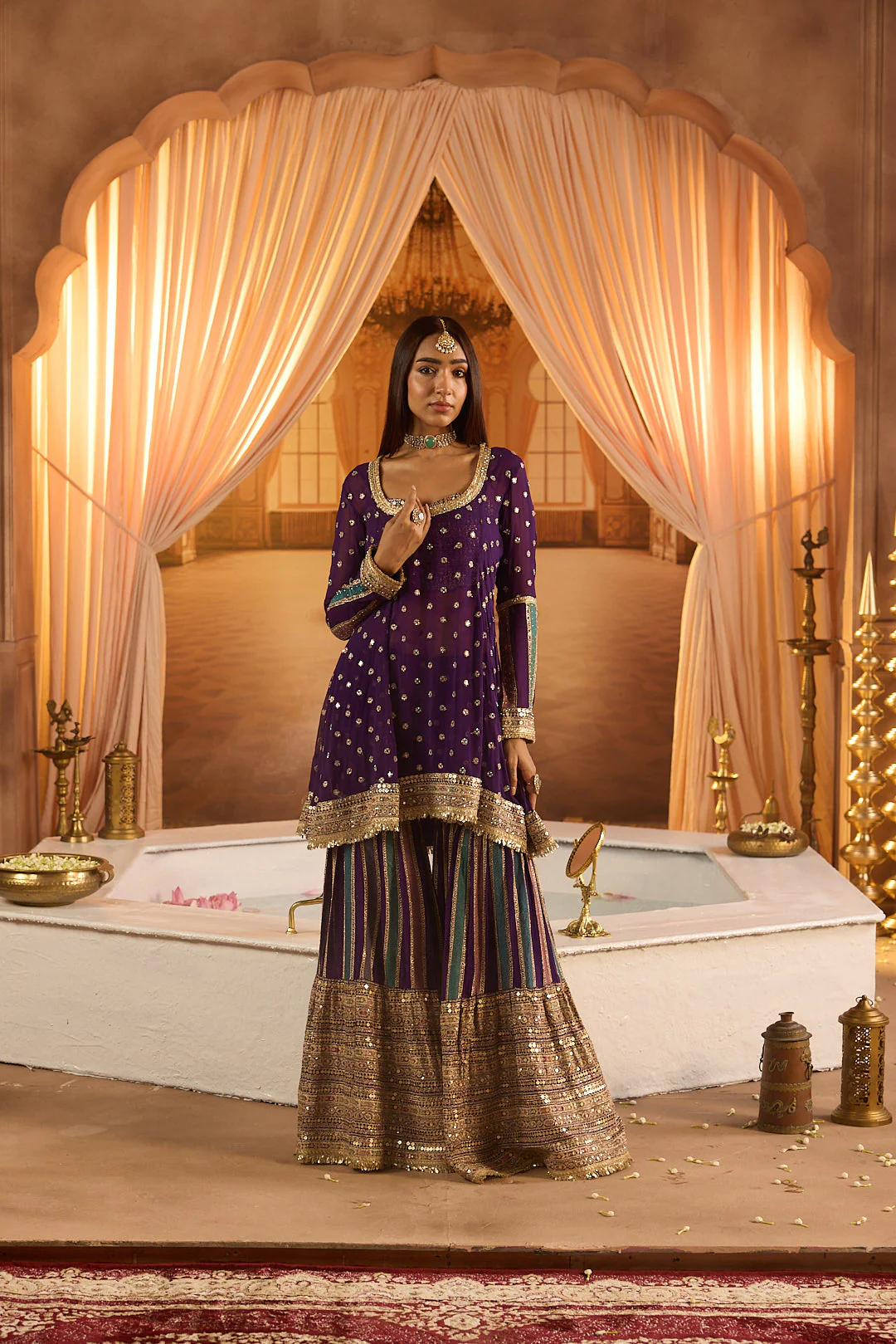 Neerus Purple Embroidery Work Georgette Fabric Kurti and Gharara With Dupatta - Image 10