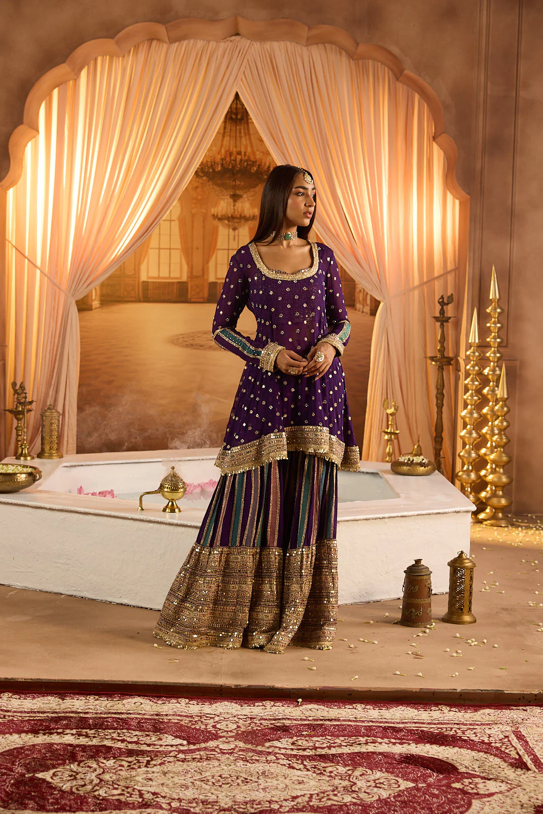 Neerus Purple Embroidery Work Georgette Fabric Kurti and Gharara With Dupatta - Image 5