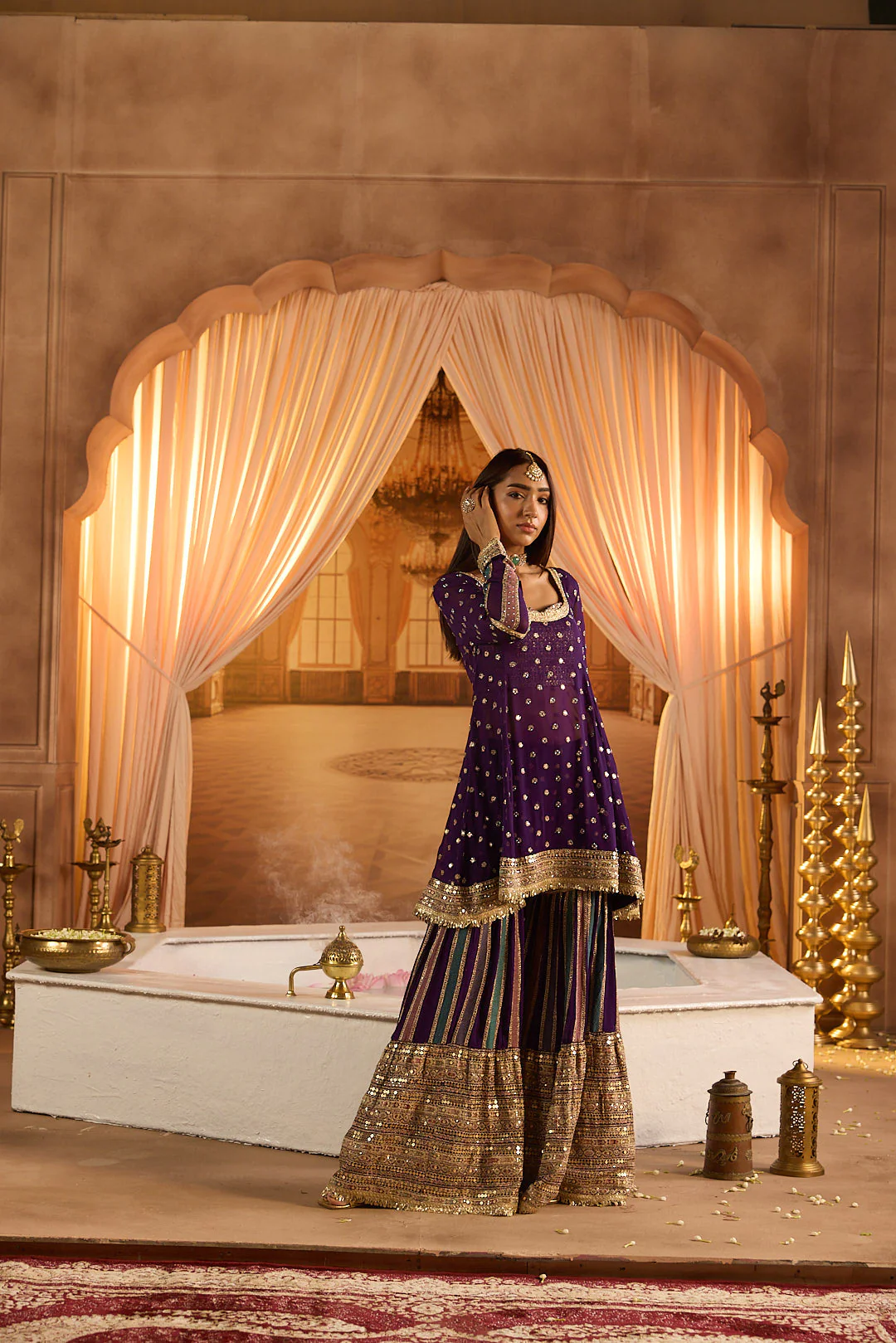 Neerus Purple Embroidery Work Georgette Fabric Kurti and Gharara With Dupatta - Image 6