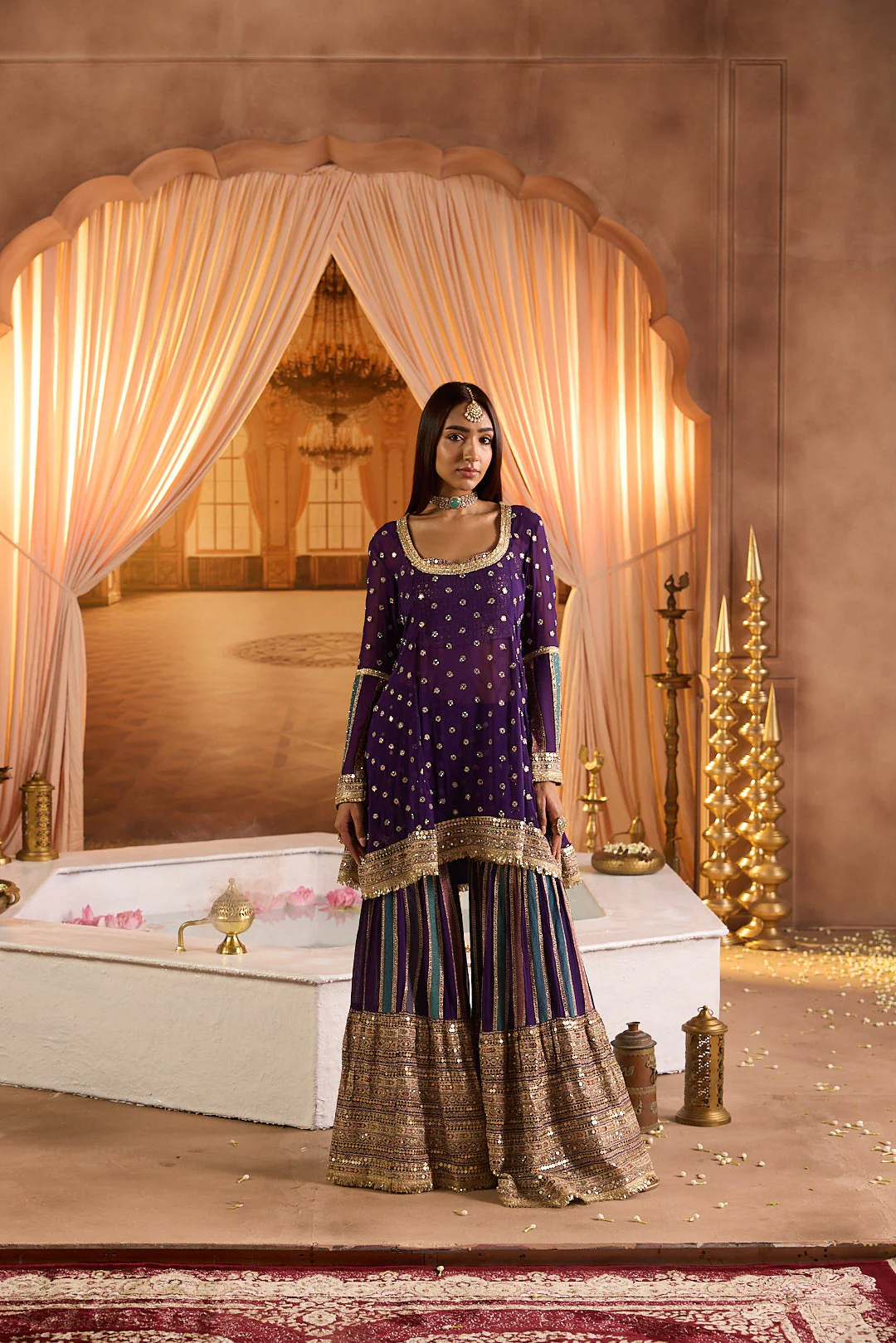 Neerus Purple Embroidery Work Georgette Fabric Kurti and Gharara With Dupatta - Image 9