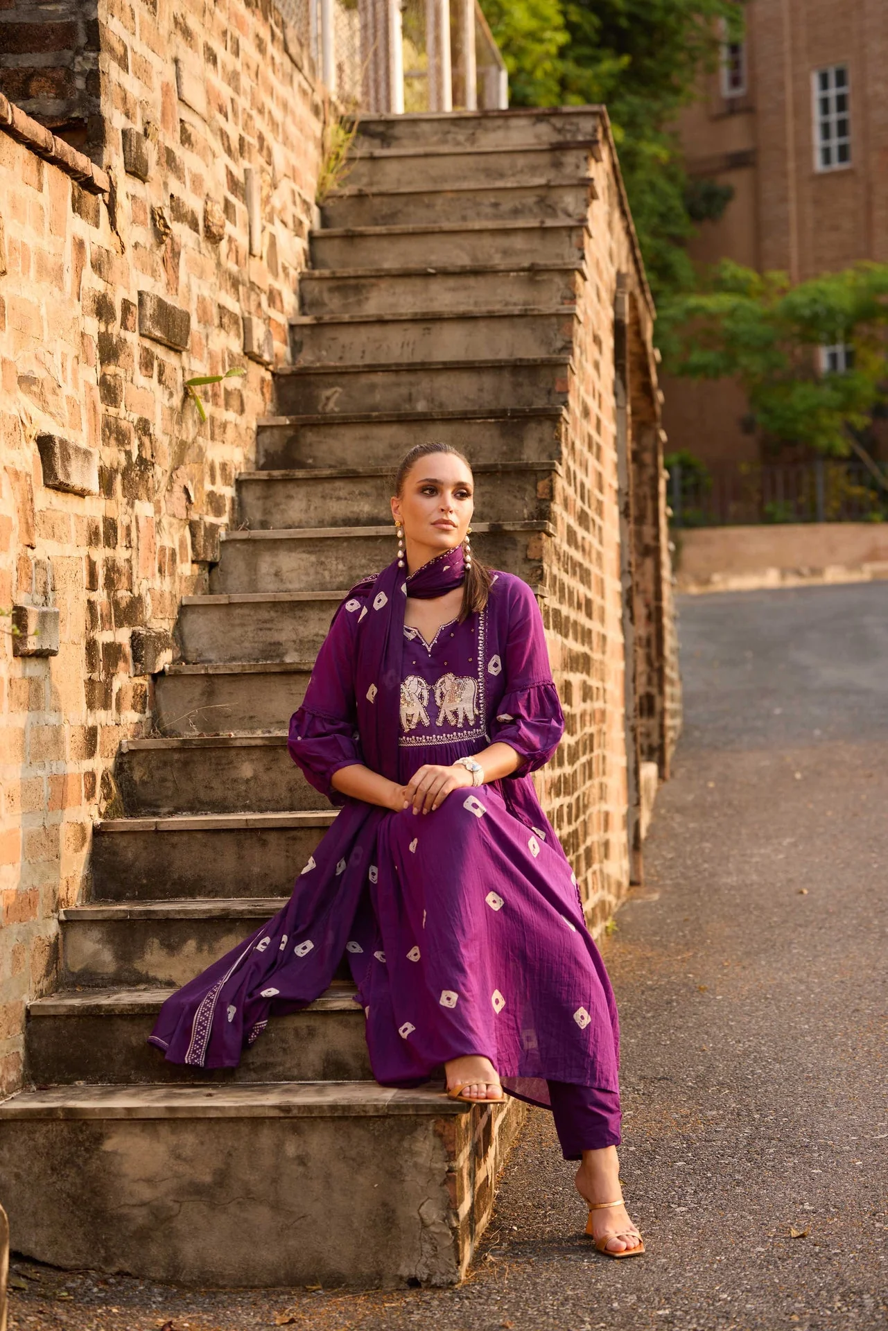 Neerus Purple Solid Anarkali Kurta and Trousers With Dupatta - Image 4