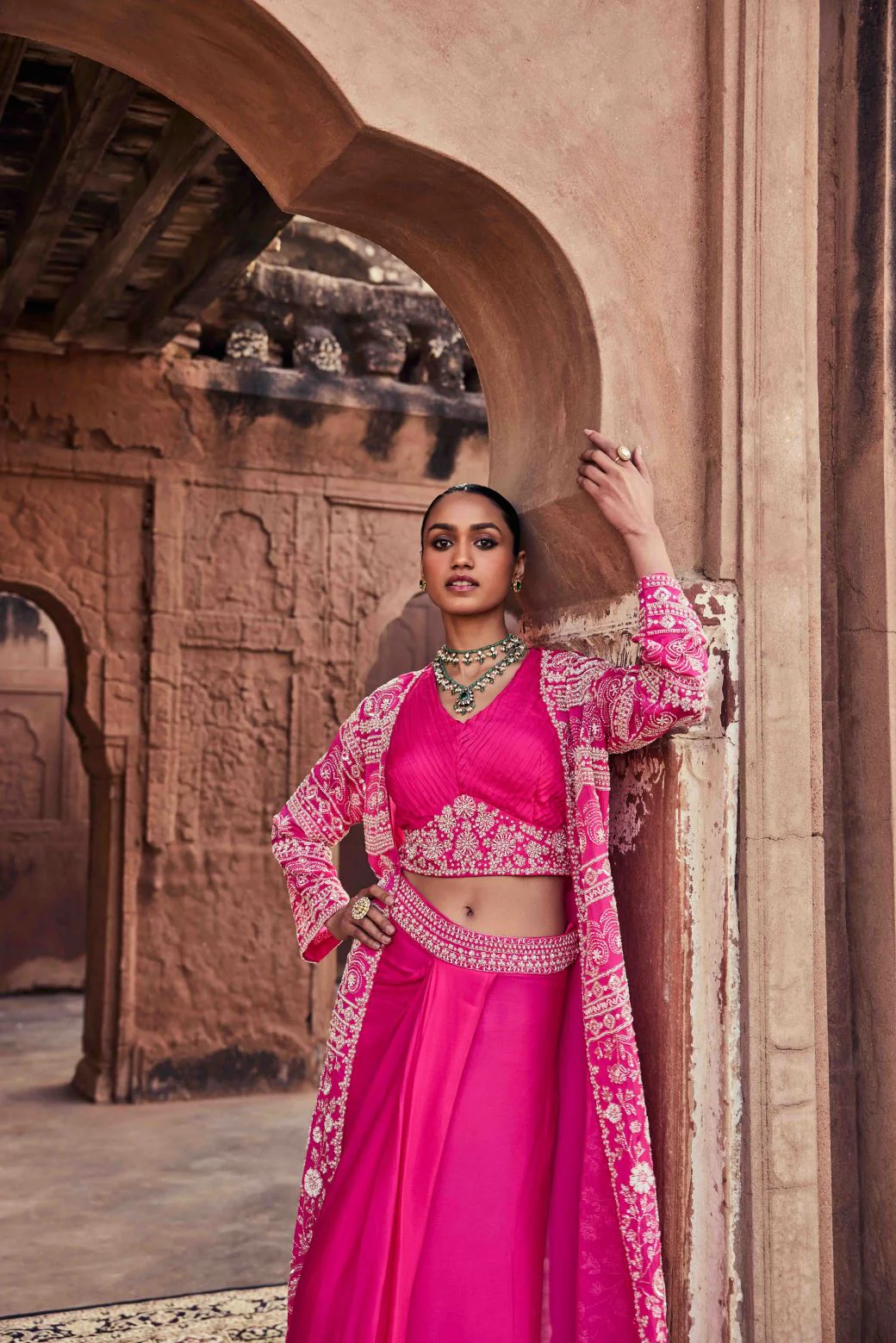 Neerus Rani Pink Beads and Stones Chinon Fabric Ghagra Set - Image 3
