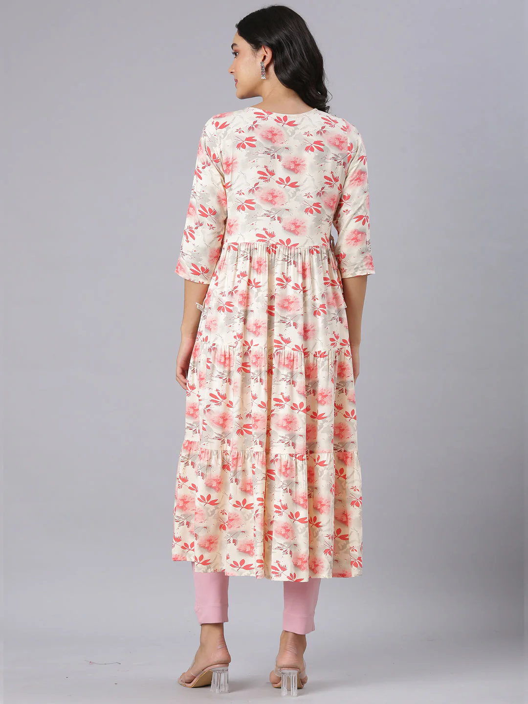 Neerus Red Anarkali Casual Floral Kurta - Image 3