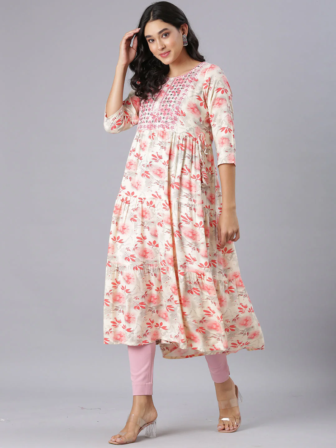 Neerus Red Anarkali Casual Floral Kurta - Image 5