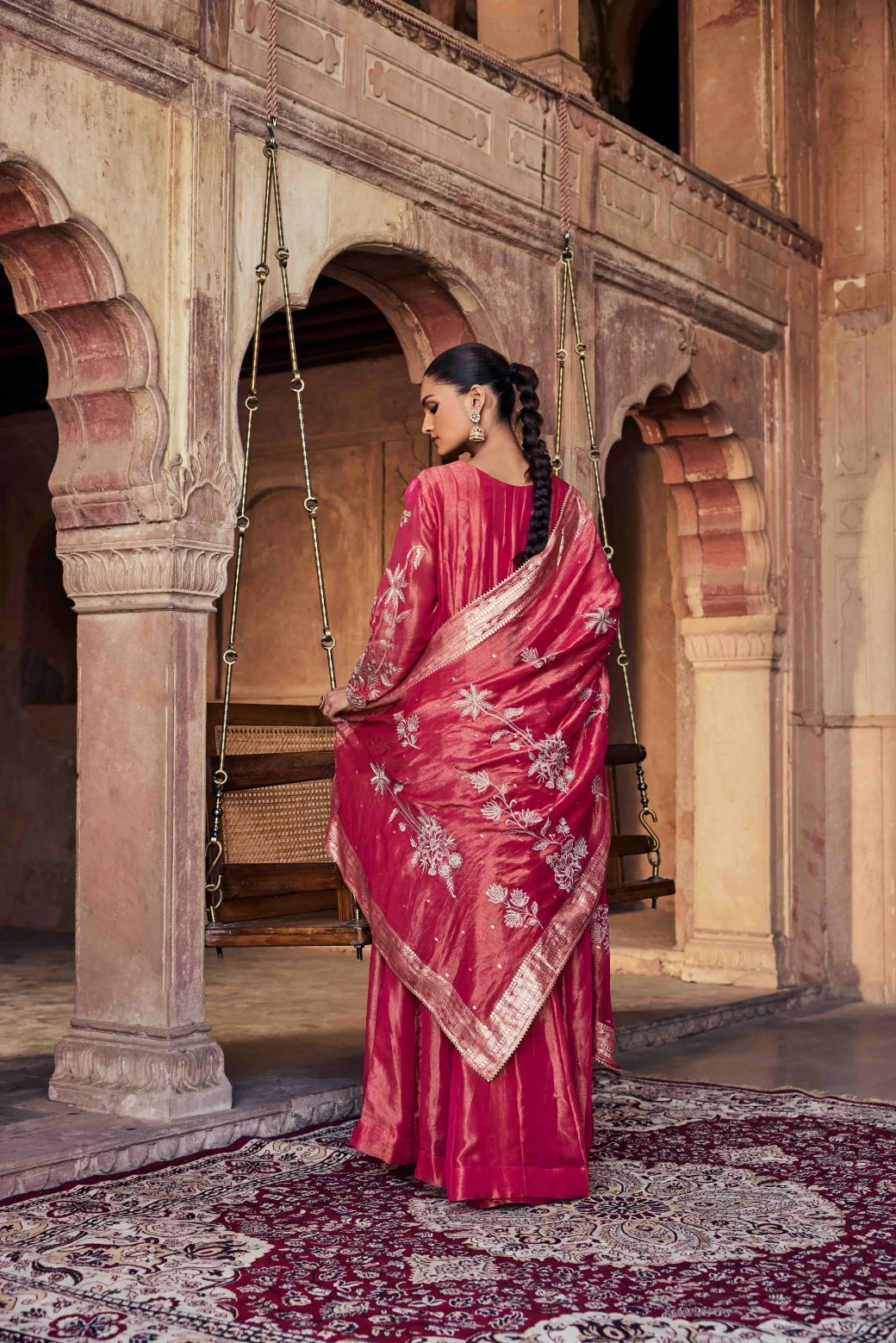 Neerus Red Embroidery Tissue Fabric Anarkali and Dupatta - Image 3