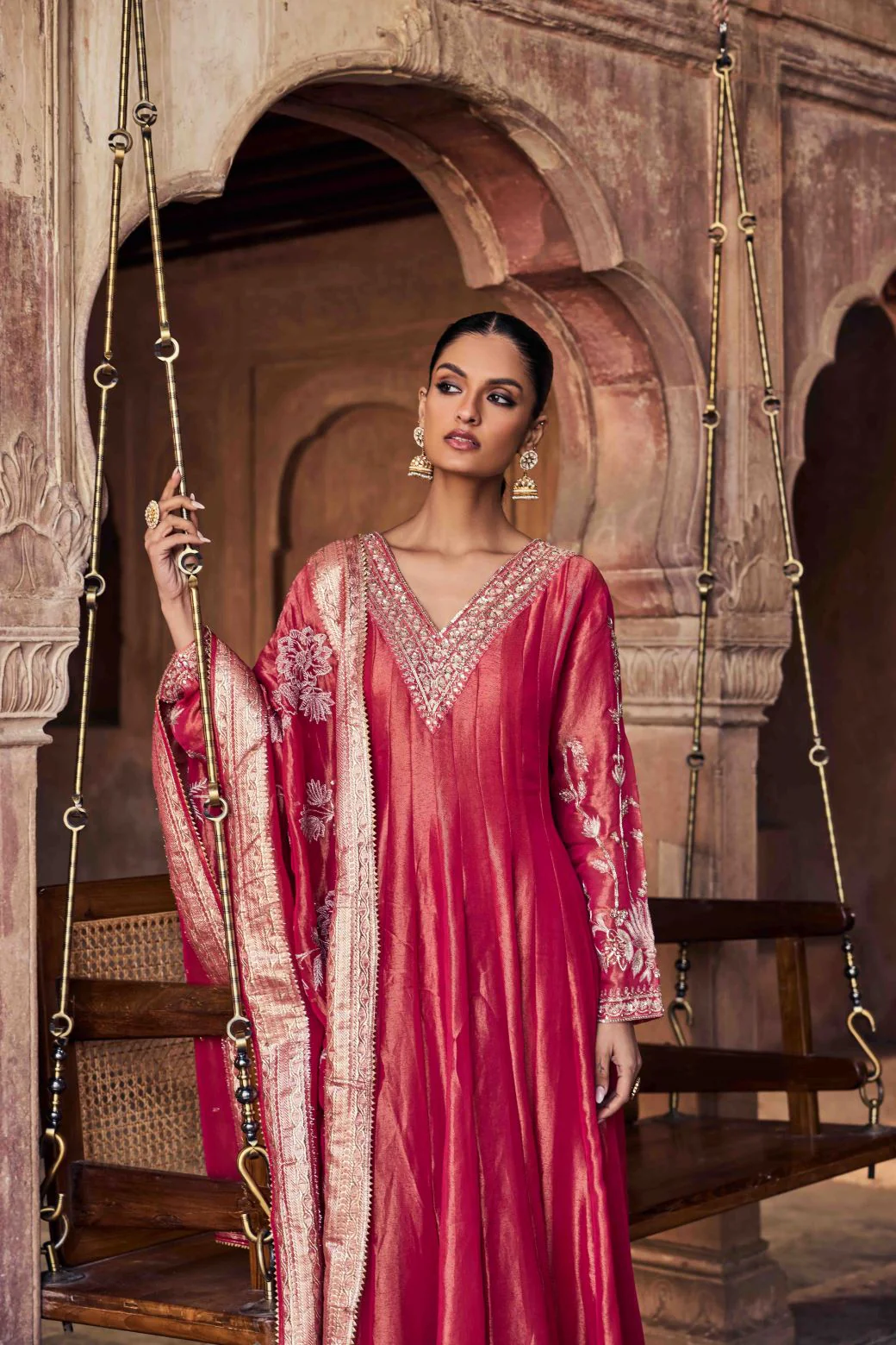 Neerus Red Embroidery Tissue Fabric Anarkali and Dupatta - Image 4