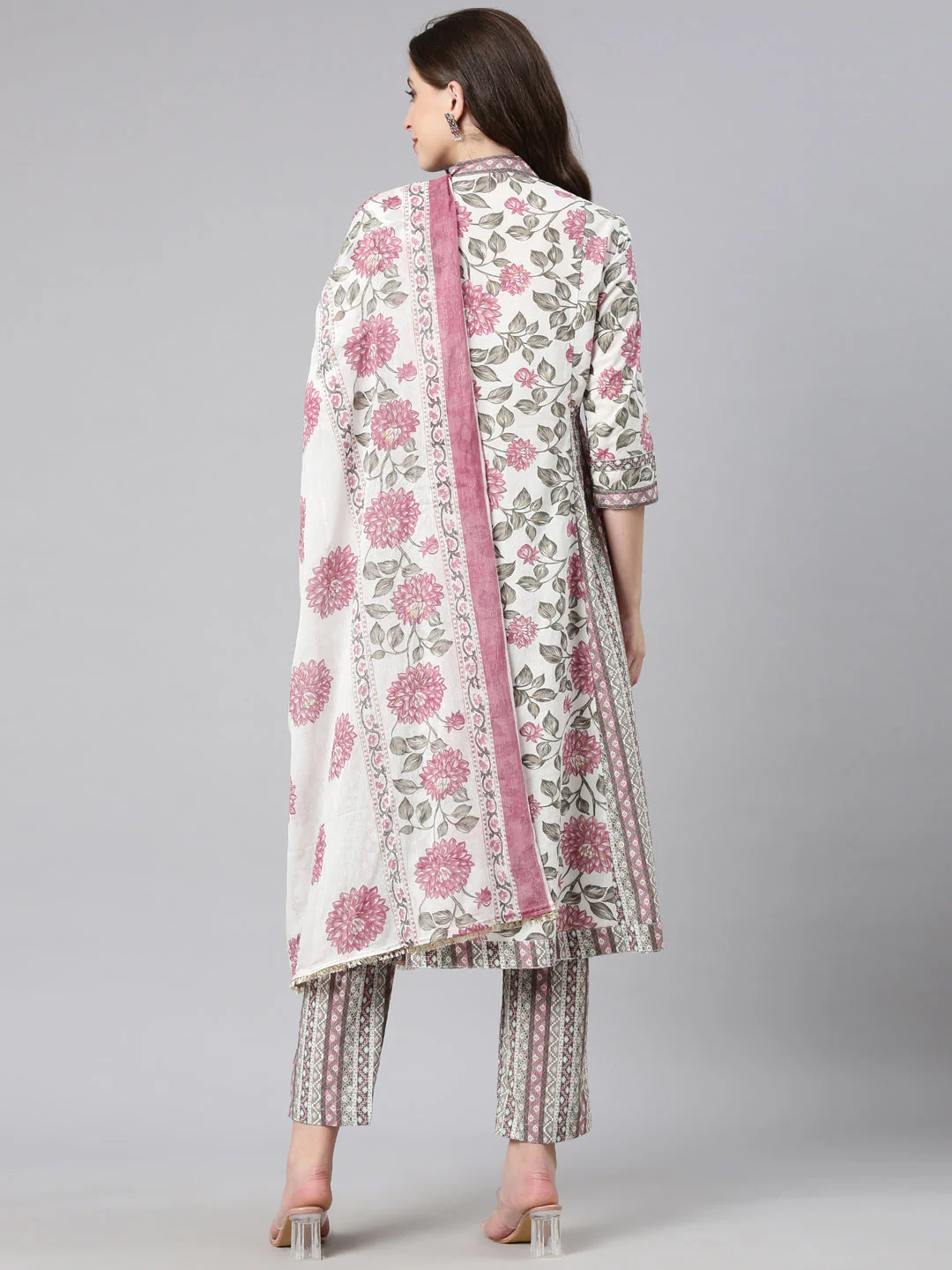 Neerus Off white Printed Anarkali Kurta and Trousers With Dupatta - Image 3