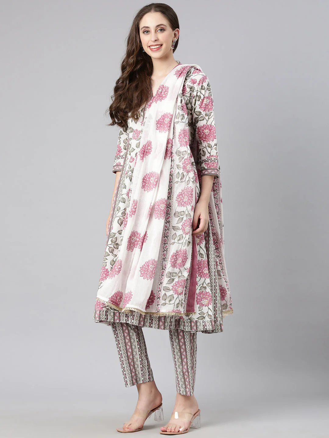 Neerus Off white Printed Anarkali Kurta and Trousers With Dupatta - Image 5