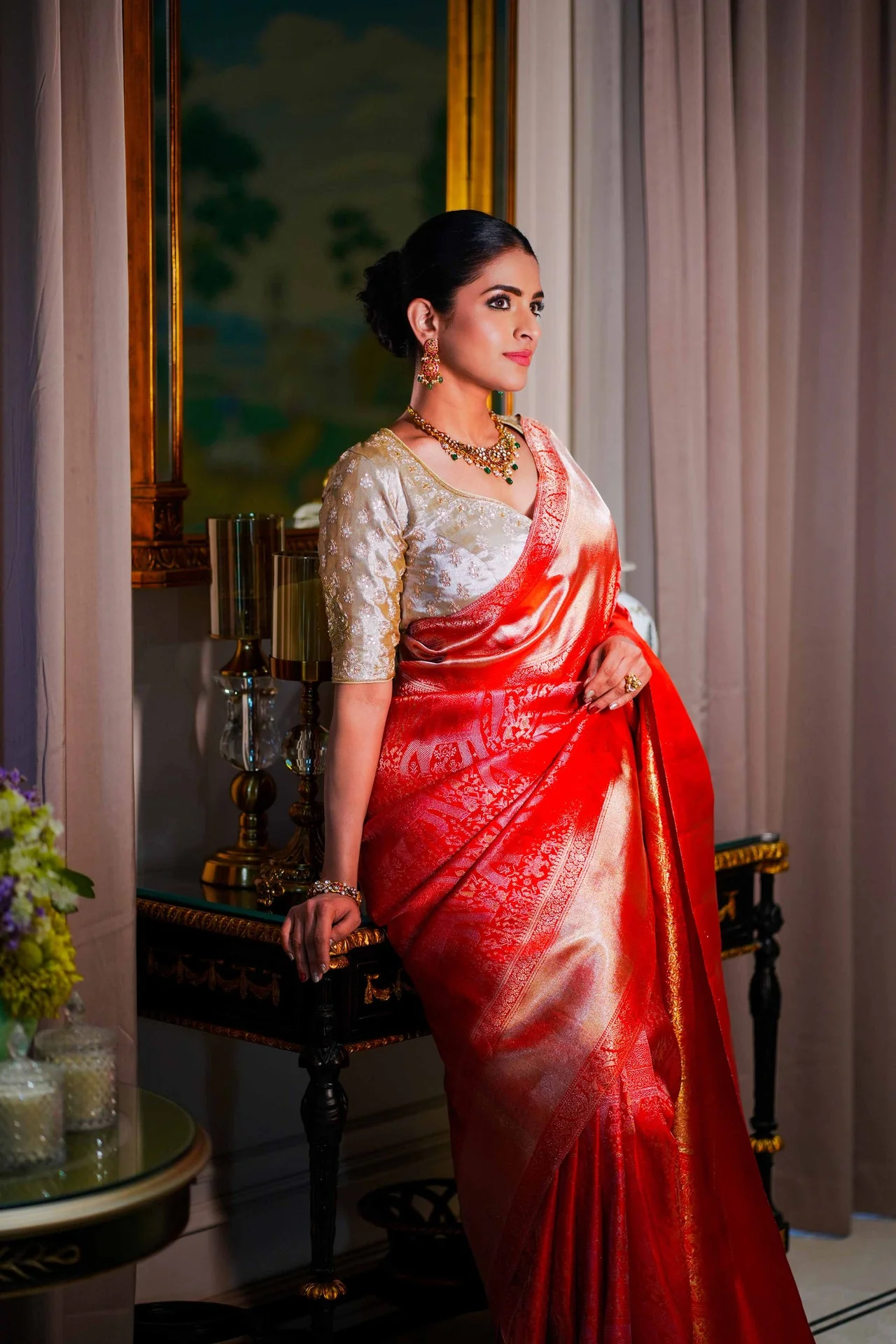 Neerus Red Pure Silk Saree with Blouse - Image 3