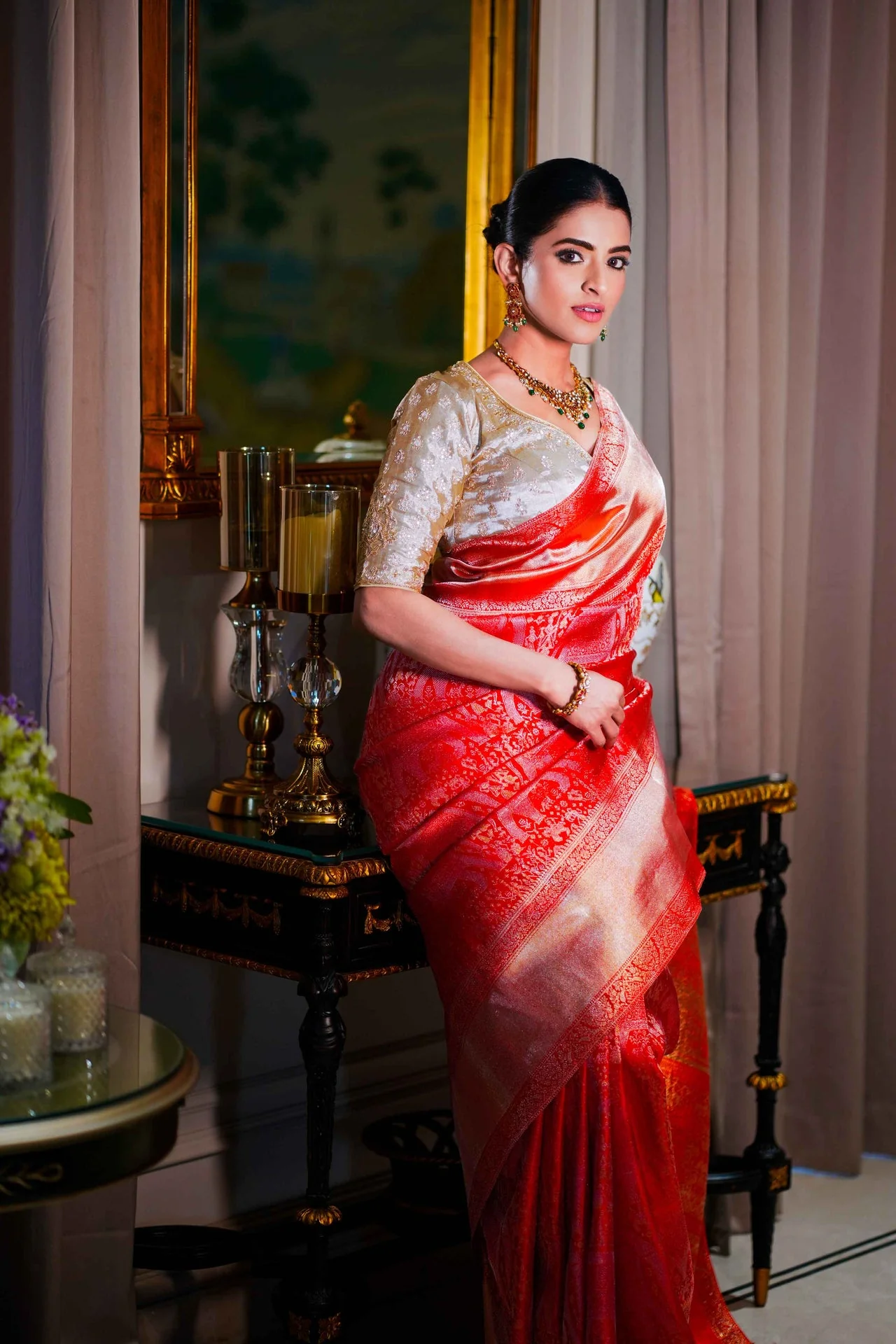Neerus Red Pure Silk Saree with Blouse - Image 4