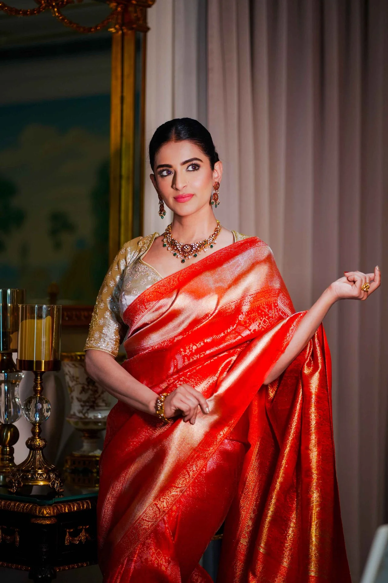Neerus Red Pure Silk Saree with Blouse - Image 5