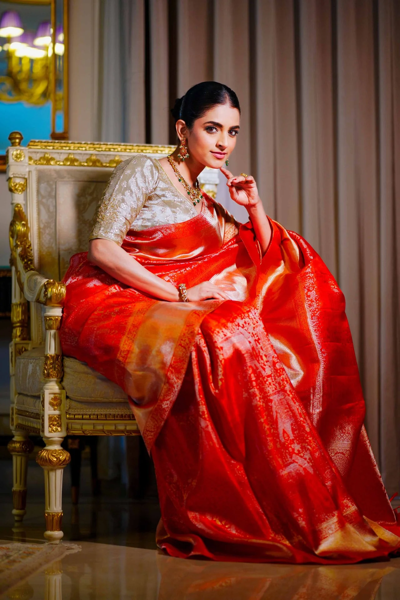Neerus Red Pure Silk Saree with Blouse - Image 7