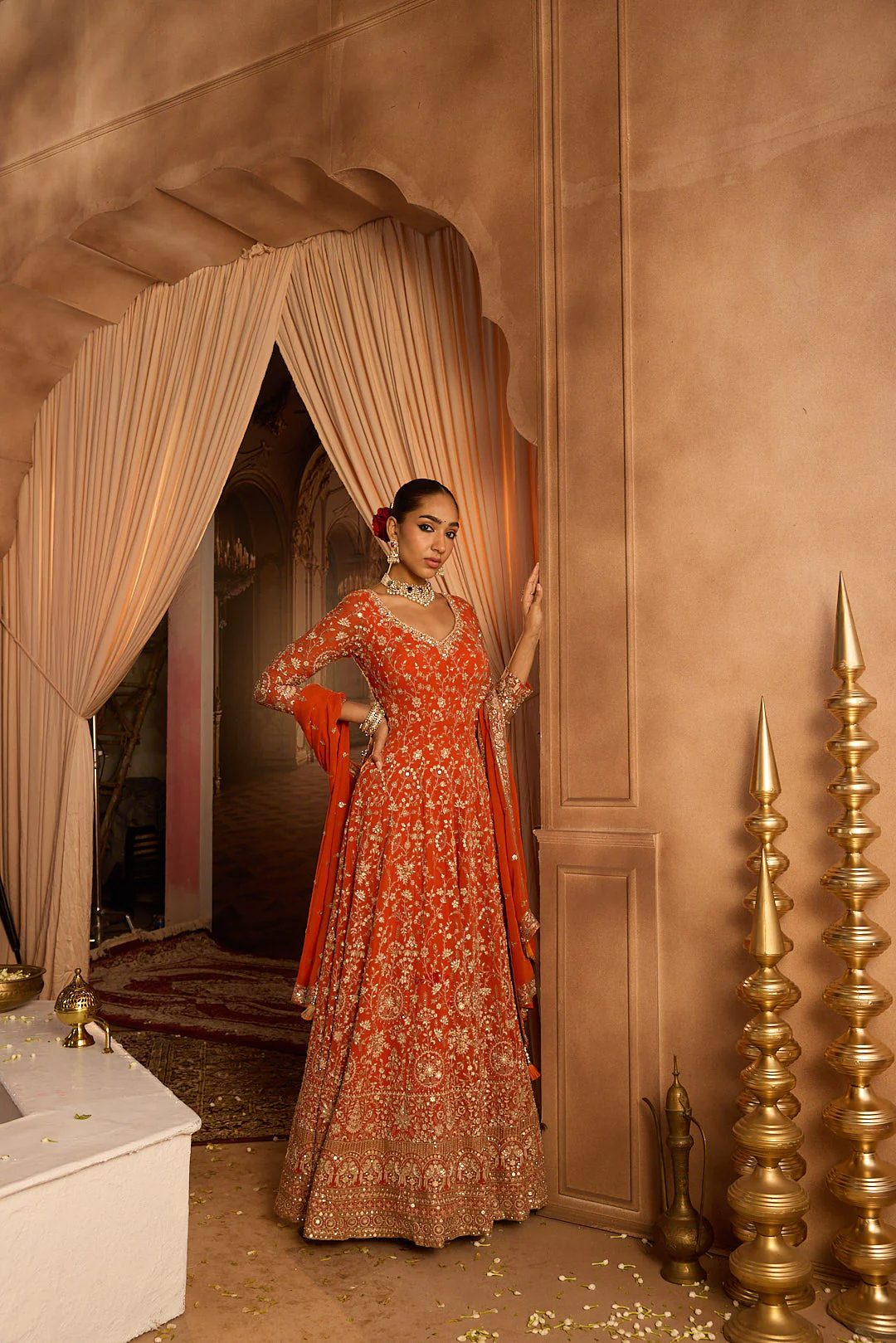 Neerus Rust Embroidery Work Georgette Fabric Anarkali and Trouser With Dupatta - Image 3