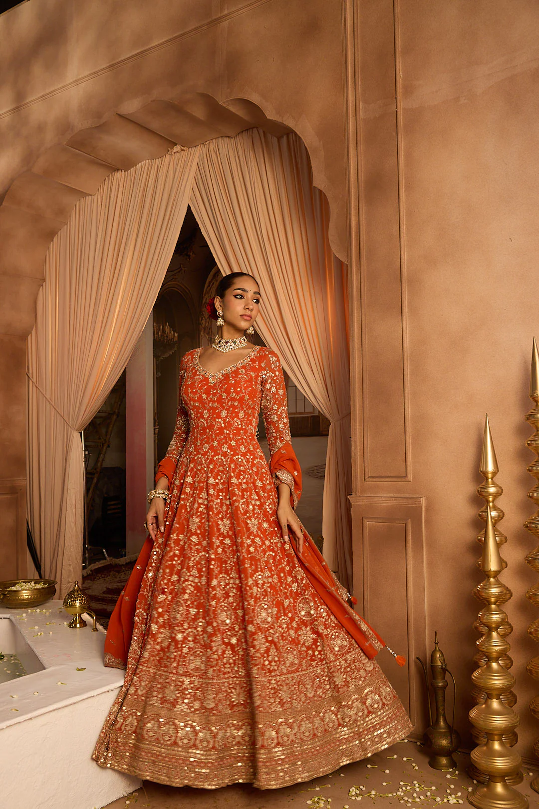 Neerus Rust Embroidery Work Georgette Fabric Anarkali and Trouser With Dupatta - Image 5