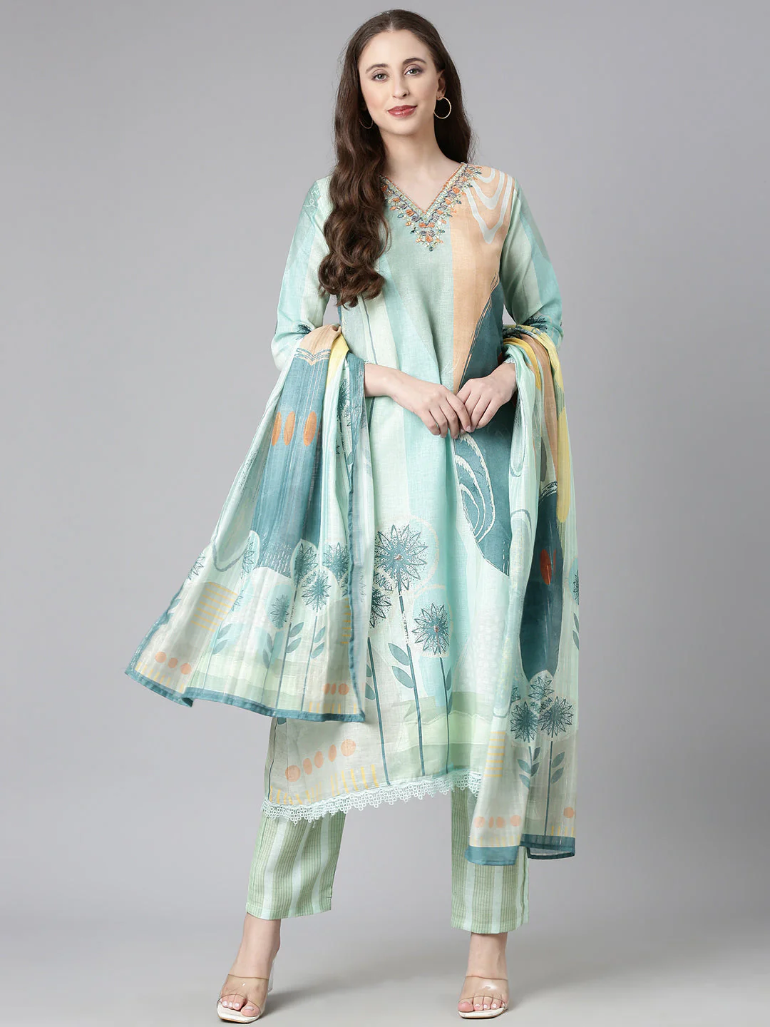Neerus Sea Green Solid Straight Kurta and Trousers With Dupatta - Image 5