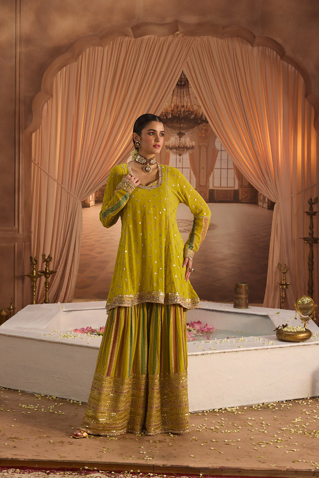 Neerus Variyali Green Embroidery Work Georgette Fabric Kurti and Gharara With Dupatta - Image 5