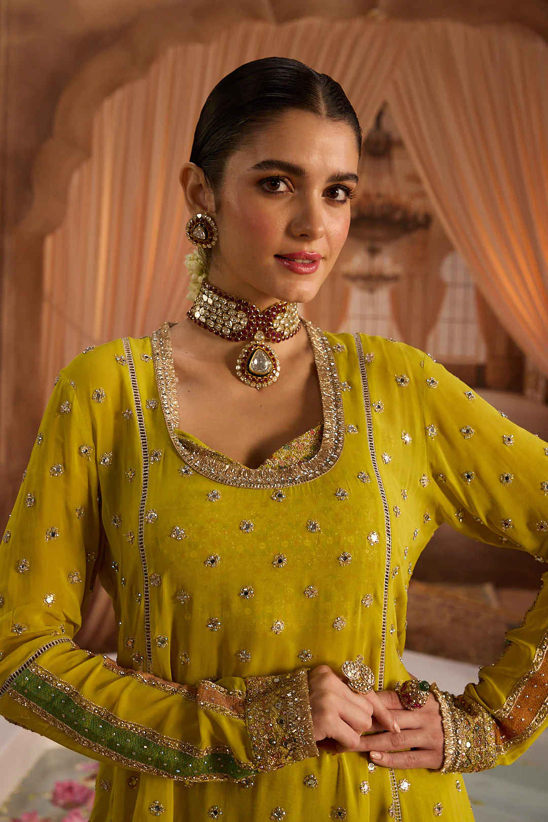 Neerus Variyali Green Embroidery Work Georgette Fabric Kurti and Gharara With Dupatta - Image 9